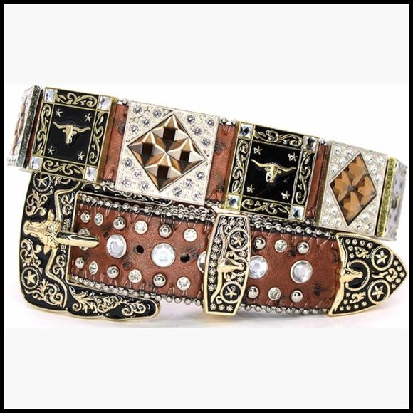 Genuine Leather Rhinestone Belt Western Style with Crystal Studs main image 4